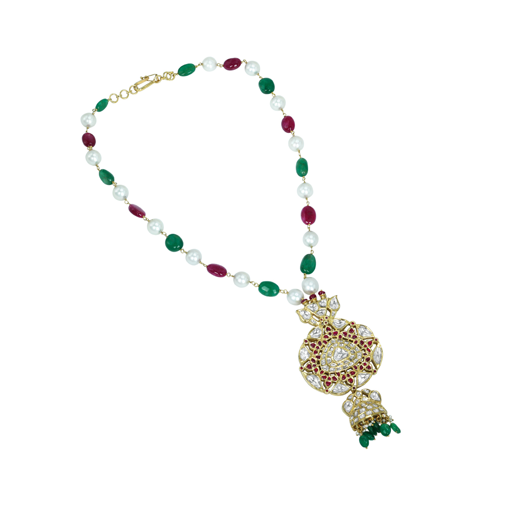 Green and Red Stone Necklace with Pearls and Polki Pendant
